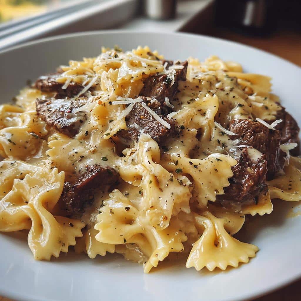 Beef and Bowtie Pasta with Alfredo Sauce - detail 1