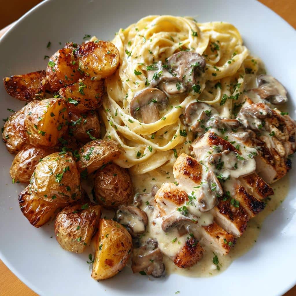 Creamy Mushroom Garlic Chicken Alfredo & Hot Honey Roasted Potatoes - detail 1