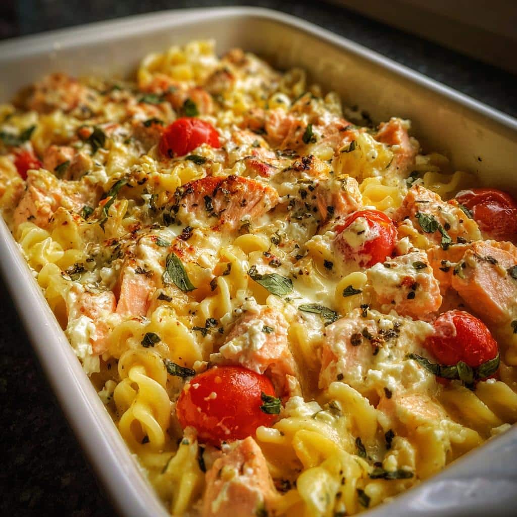 baked salmon feta pasta - detail 1