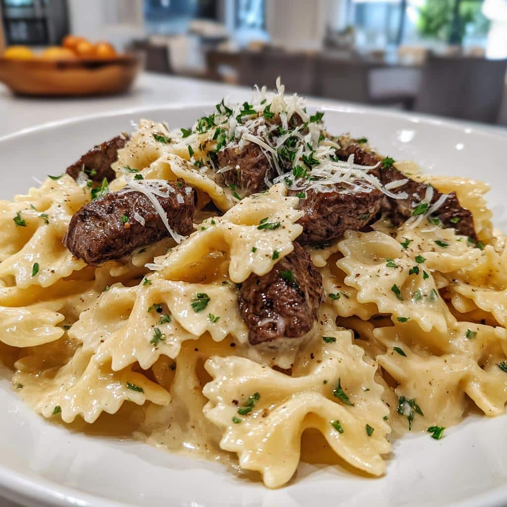 Beef and Bowtie Pasta with Alfredo Sauce
