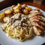 Creamy Mushroom Garlic Chicken Alfredo & Hot Honey Roasted Potatoes