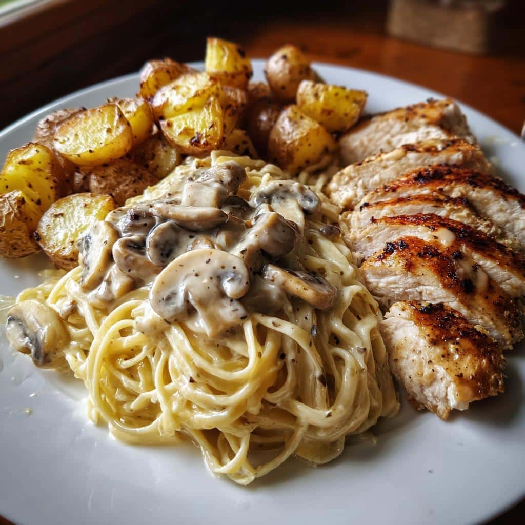 Creamy Mushroom Garlic Chicken Alfredo & Hot Honey Roasted Potatoes