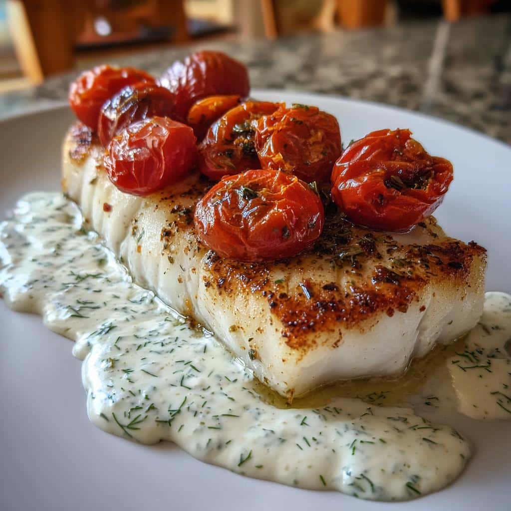 Easy Grilled Cod Recipe with Roasted Tomatoes & Creamy Dill Sauce - detail 1