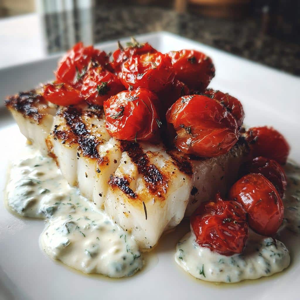 Easy Grilled Cod Recipe with Roasted Tomatoes & Creamy Dill Sauce