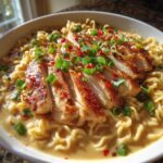 Fiery Chicken Ramen with Creamy Garlic Sauce