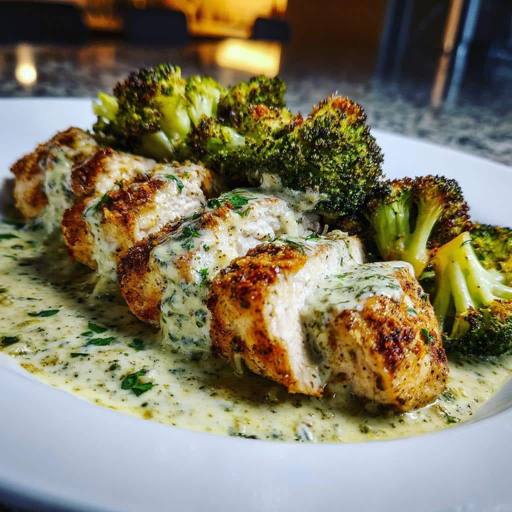 Pesto Chicken Alfredo with Spicy Feta Cream & Parmesan Broccoli Crunch