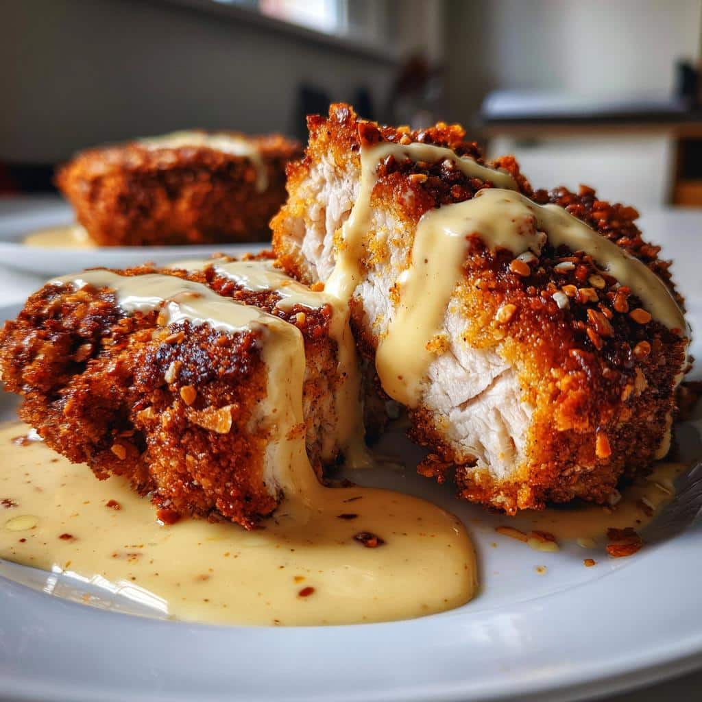 Pretzel Chicken with Mustard-Cheddar Sauce
