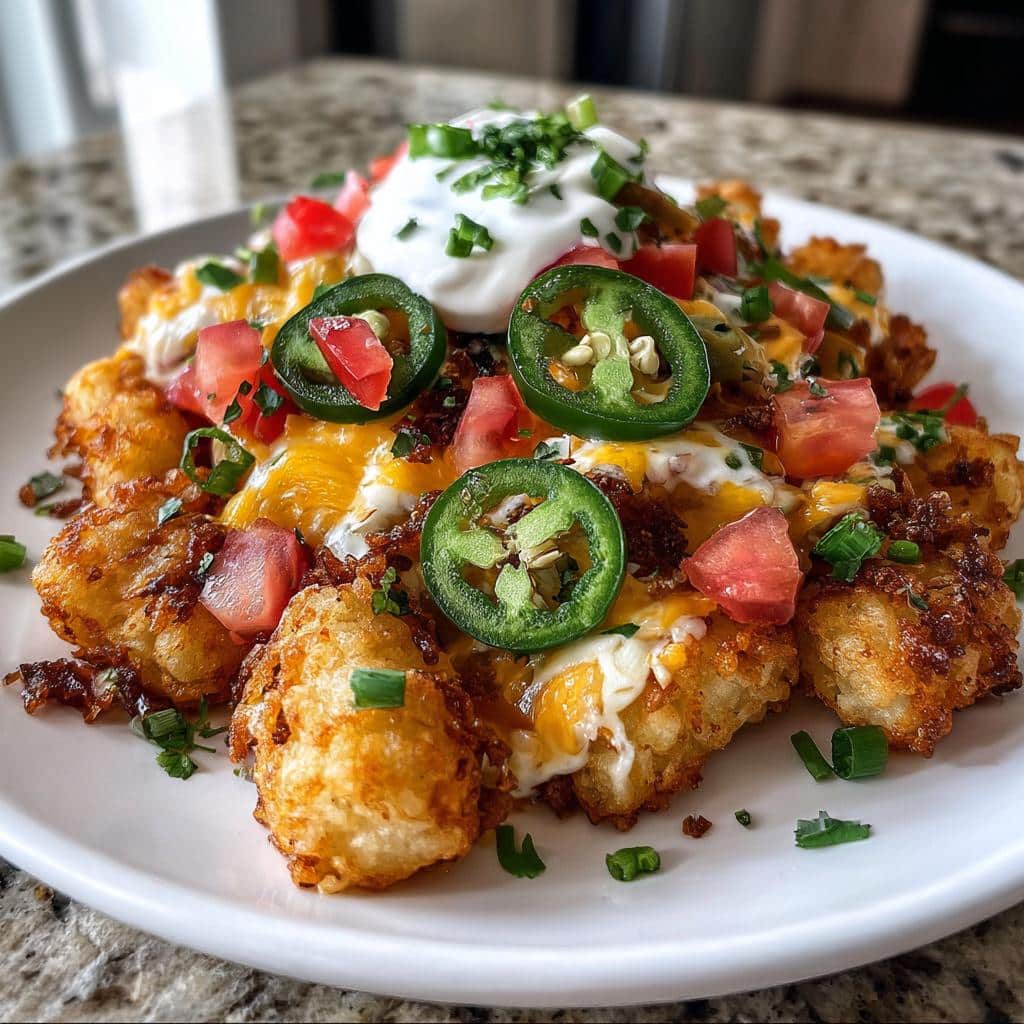 Loaded Tater Tot Nachos with Sour Cream & Jalapeños