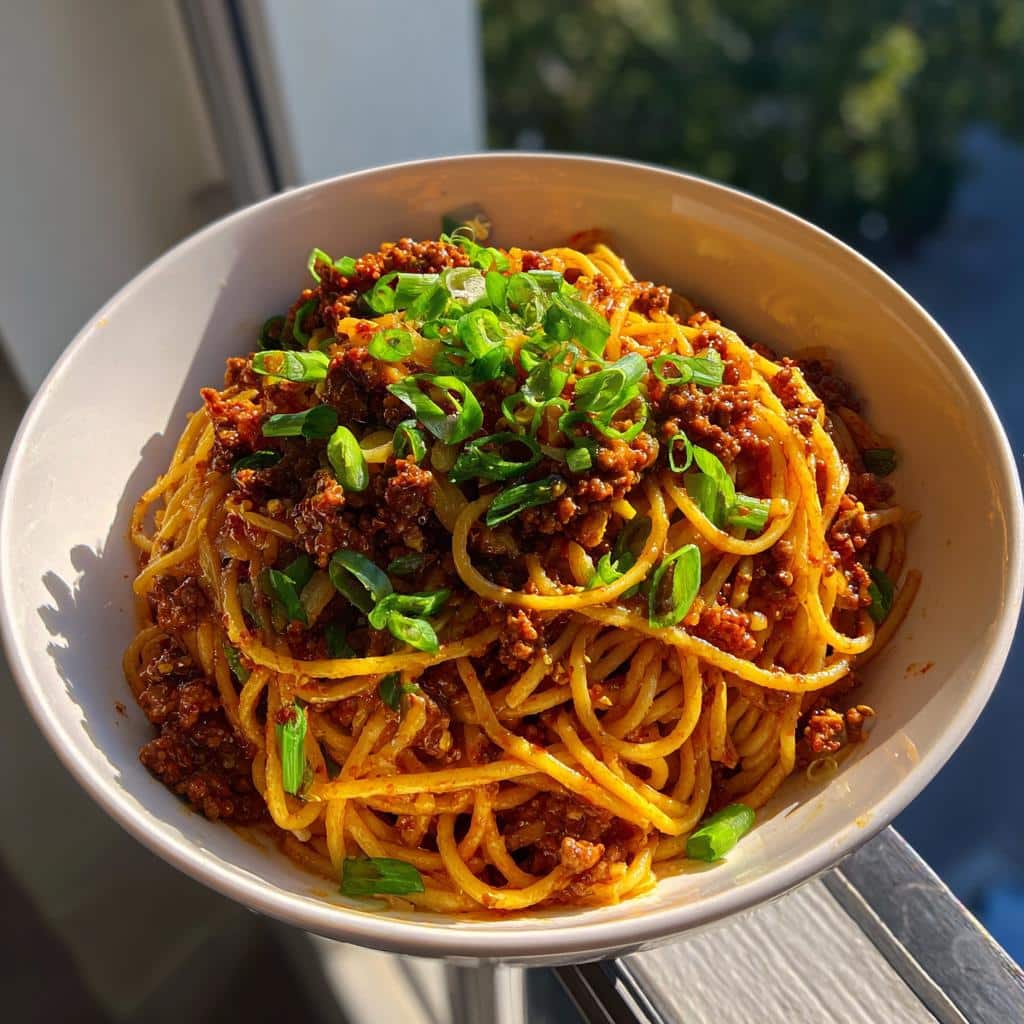 asian style ground beef spaghetti - detail 1