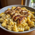 cheesy alfredo twisted pasta with golden garlic butter chicken in creamy sauce