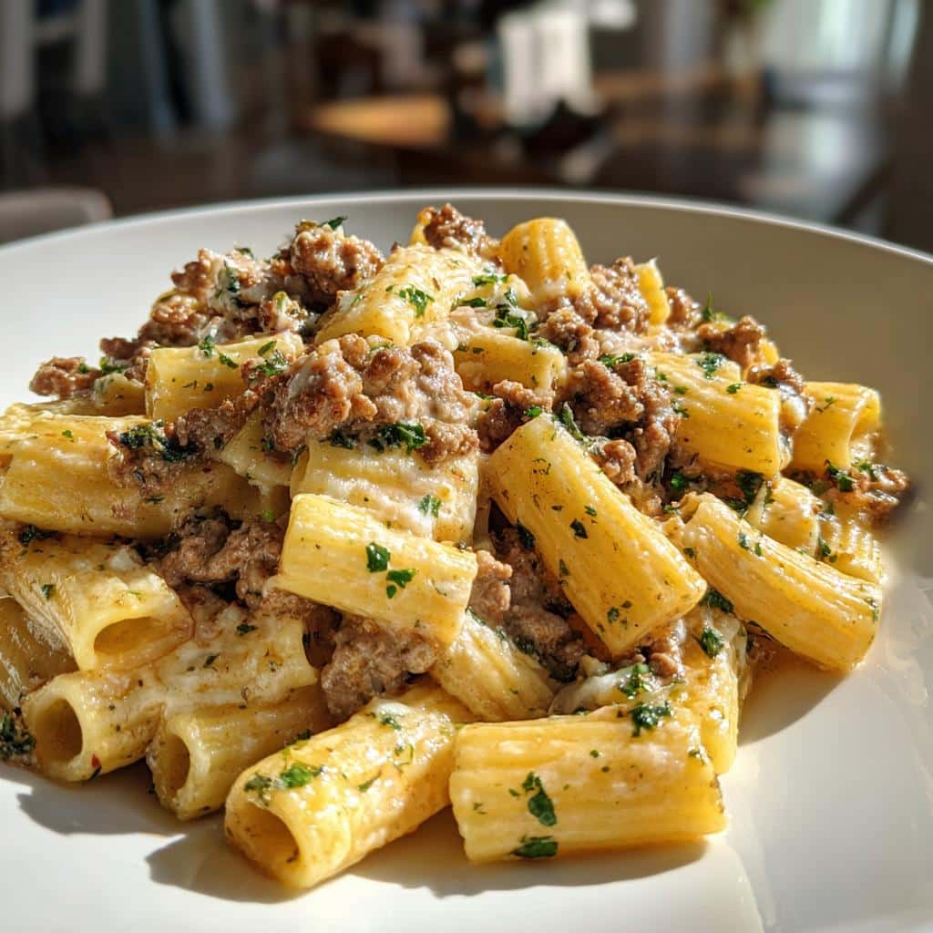 cheesy beef and italian sausage rigatoni in garlic butter sauce - detail 1