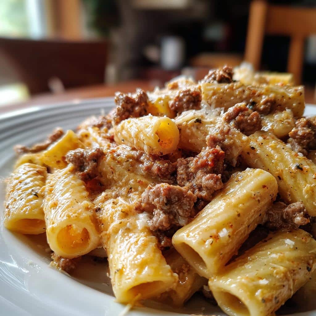 cheesy beef and italian sausage rigatoni in garlic butter sauce