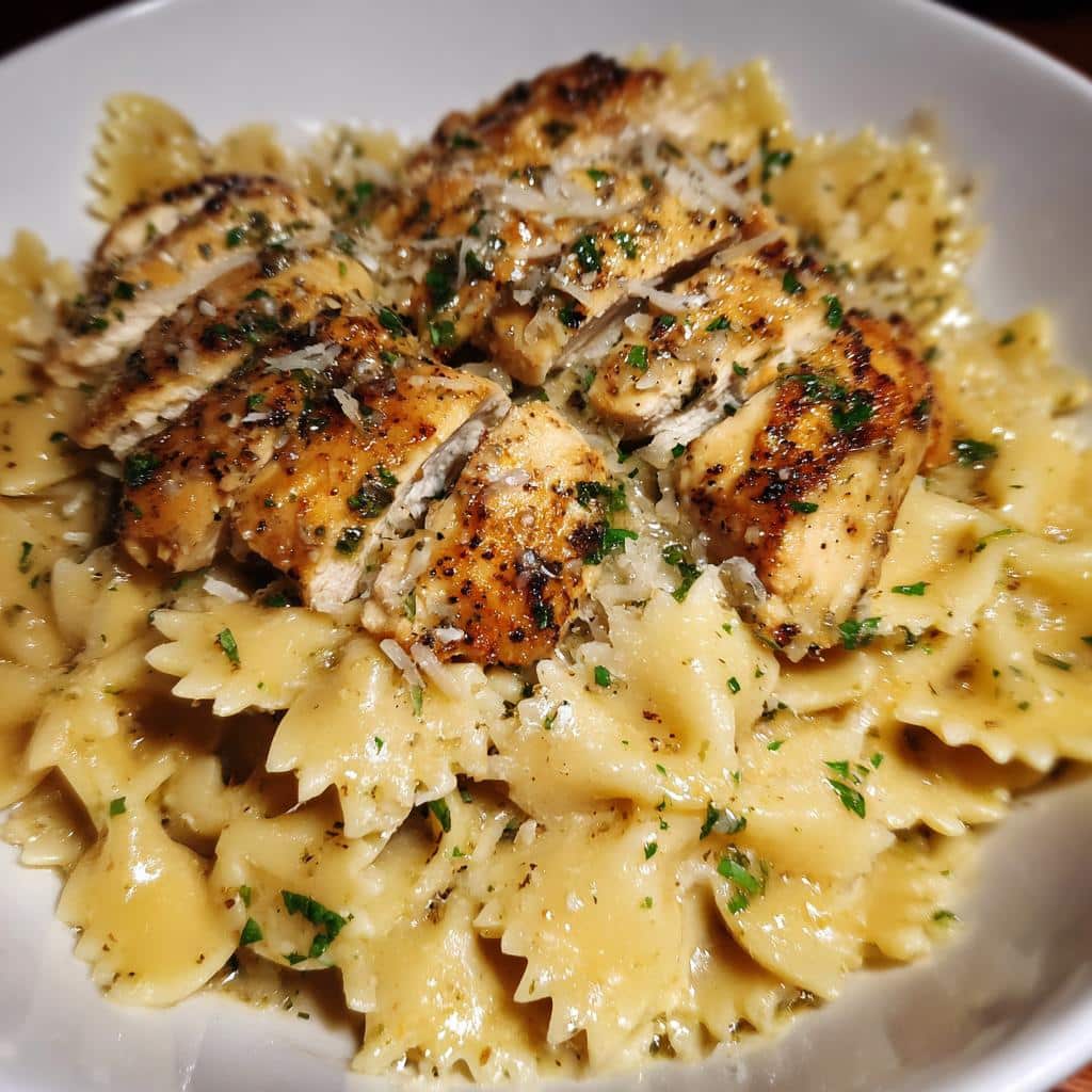 cheesy bowtie pasta with garlic parmesan chicken - detail 1