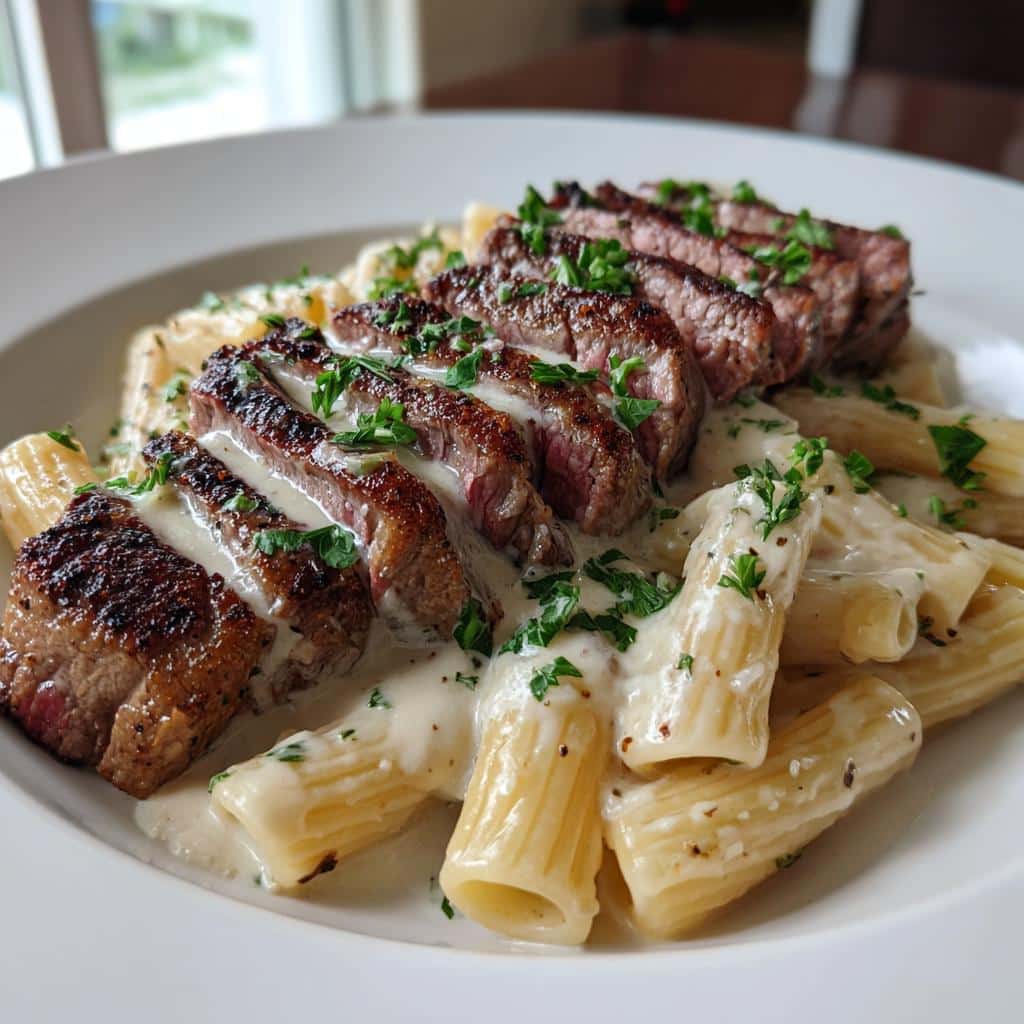 cheesy garlic butter steak with rigatoni in four cheese sauce - detail 1