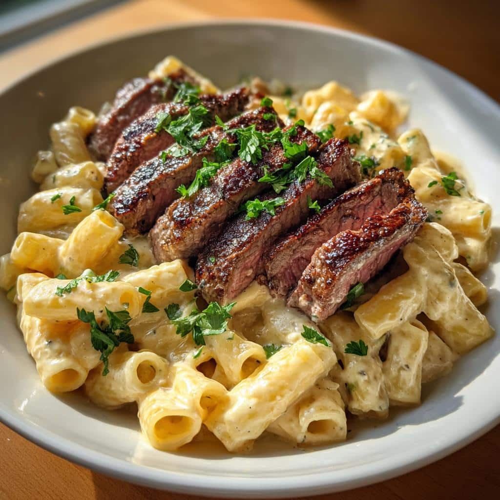 cheesy garlic butter steak with rigatoni in four cheese sauce