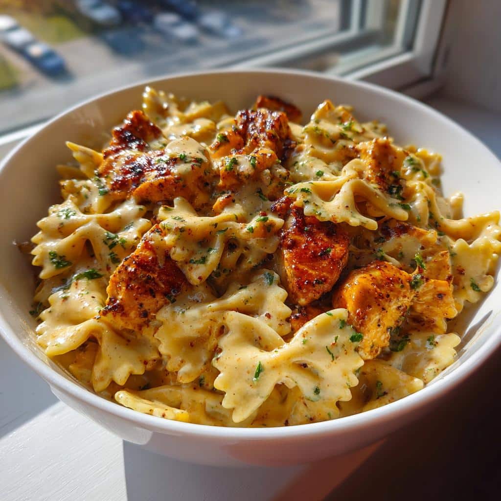 cheesy garlic cajun chicken bowtie pasta in alfredo sauce