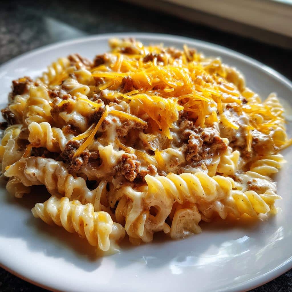 cheesy garlic twisted pasta with cajun ground beef and alfredo velveeta - detail 1