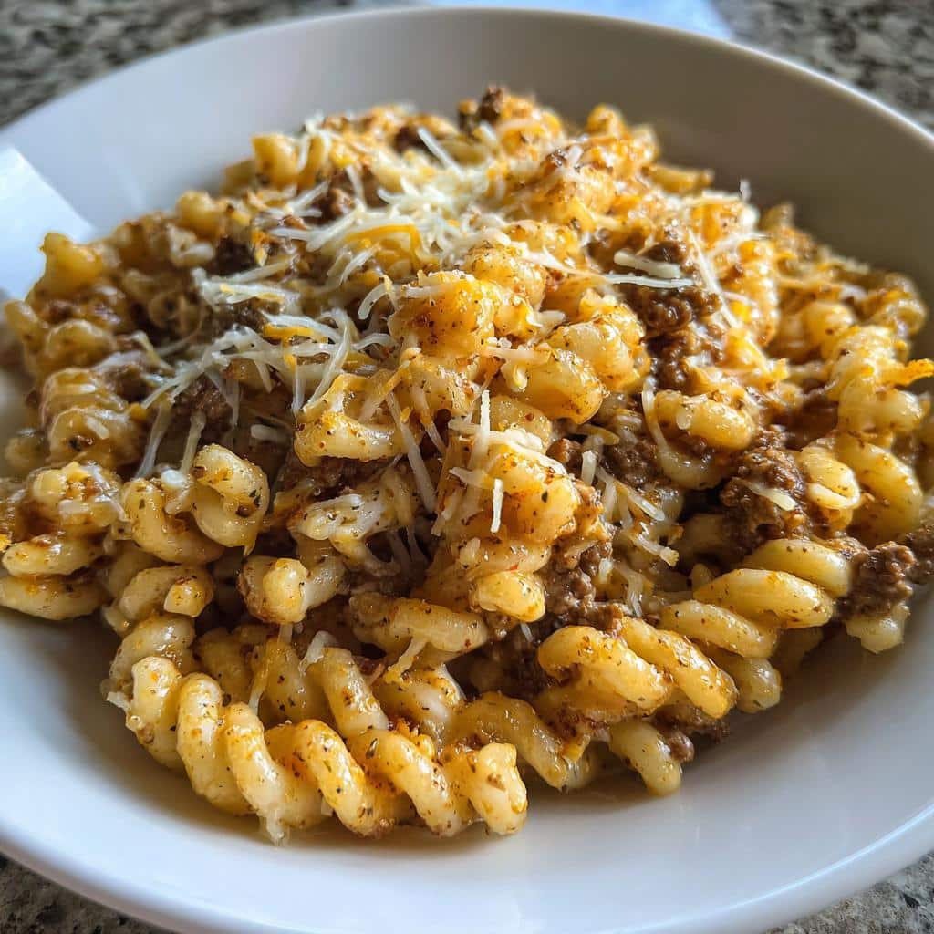 cheesy garlic twisted pasta with cajun ground beef and alfredo velveeta