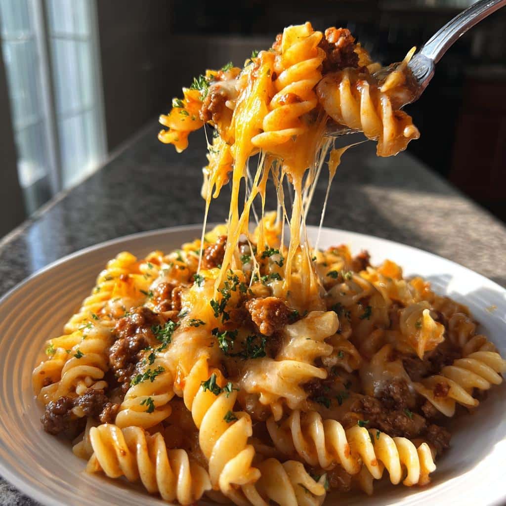 cheesy rotini pasta with garlic butter sauce and ground beef - detail 1