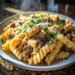 cheesy rotini pasta with garlic butter sauce and ground beef