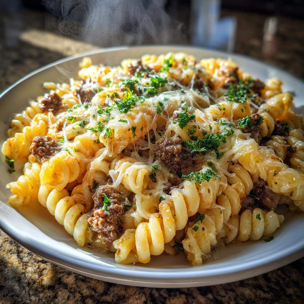 cheesy rotini pasta with garlic butter sauce and ground beef