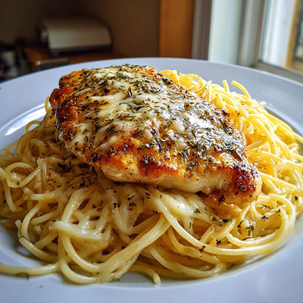 creamy garlic parmesan chicken with cheesy spaghetti - detail 1