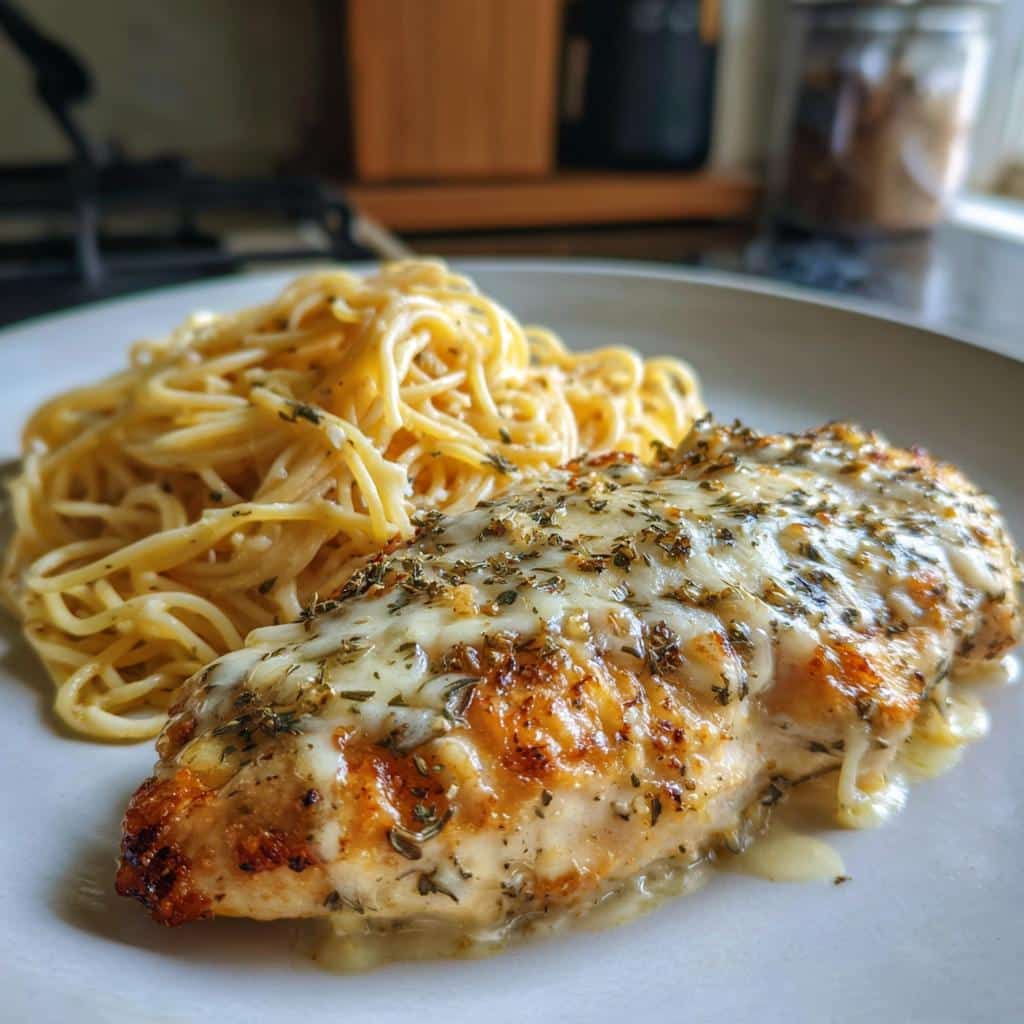 creamy garlic parmesan chicken with cheesy spaghetti