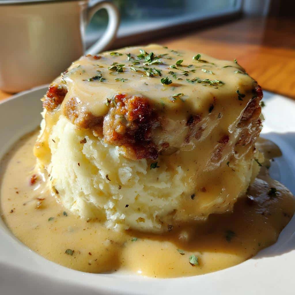 creamy roasted garlic mashed potatoes with savory sausage gravy - detail 1