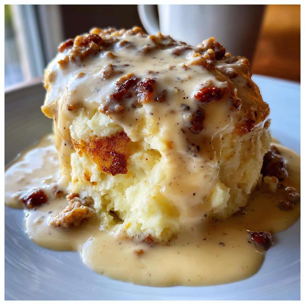 creamy roasted garlic mashed potatoes with savory sausage gravy