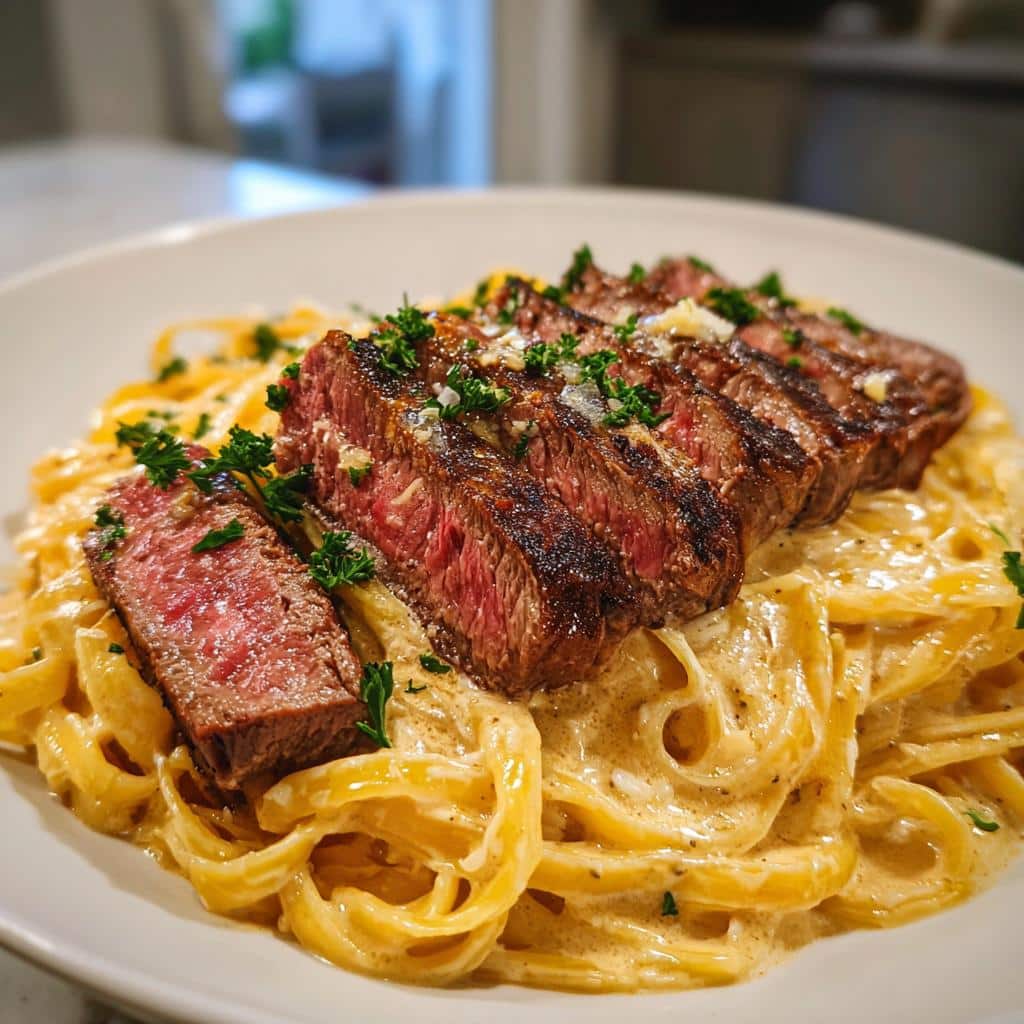 garlic butter steak with cheesy linguine in four cheese sauce