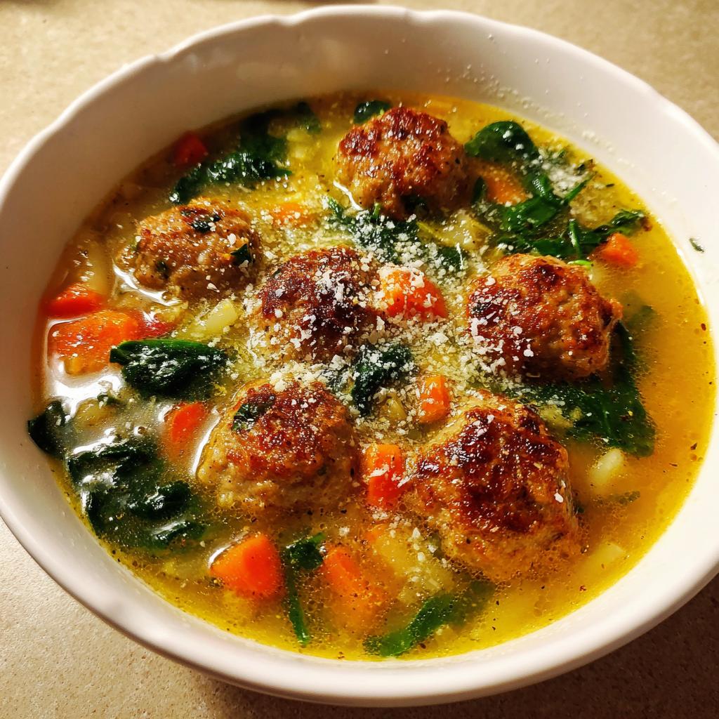 italian wedding soup with parmesan meatballs - detail 1