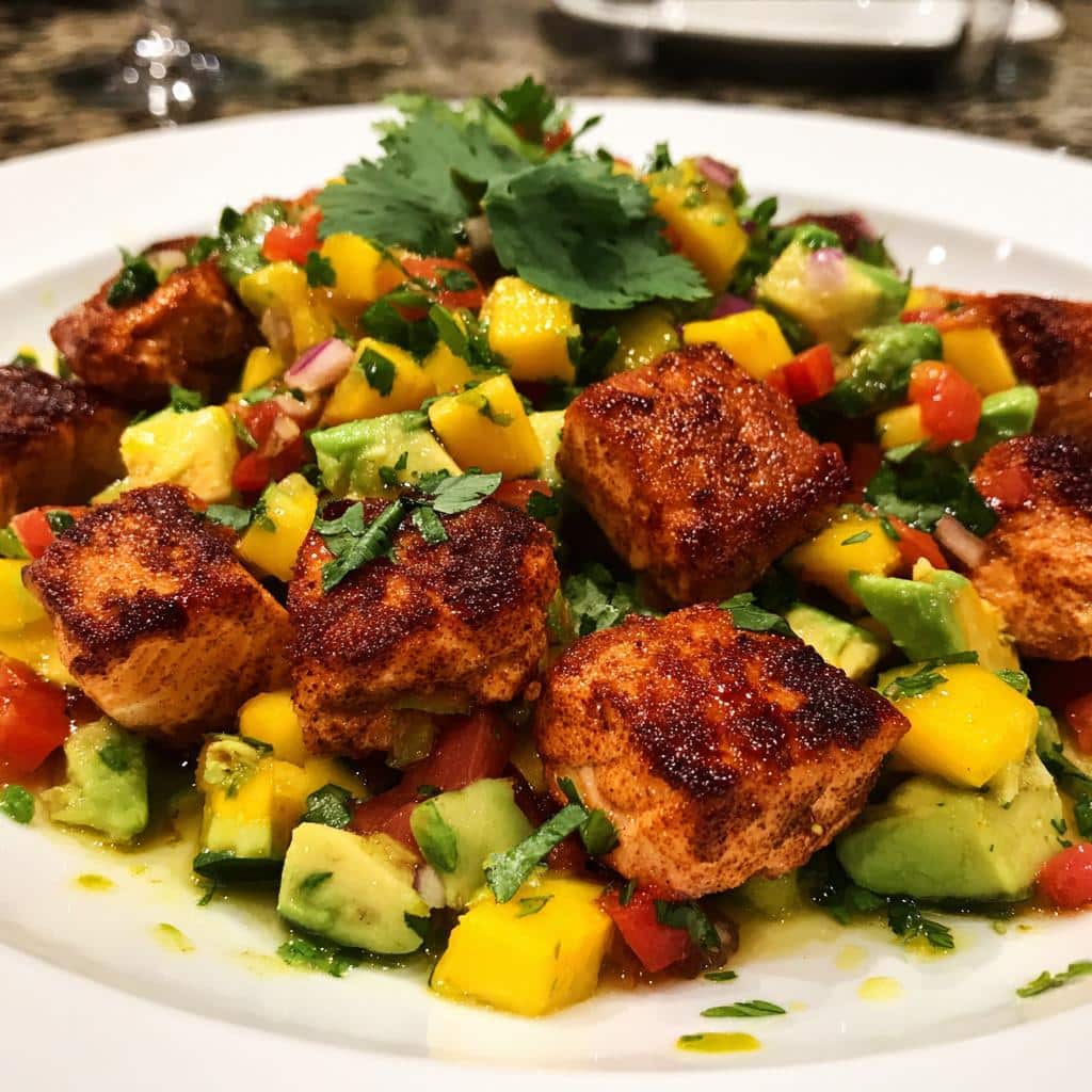 salmon bites with creamy mango avocado salsa and lime zest bowl - detail 1