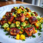 salmon bites with creamy mango avocado salsa and lime zest bowl