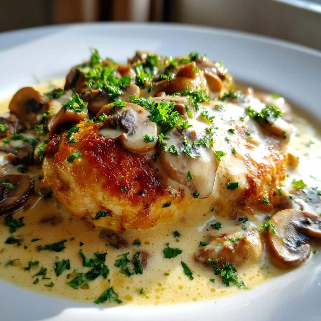 savory chicken in a creamy asiago mushroom sauce - detail 1