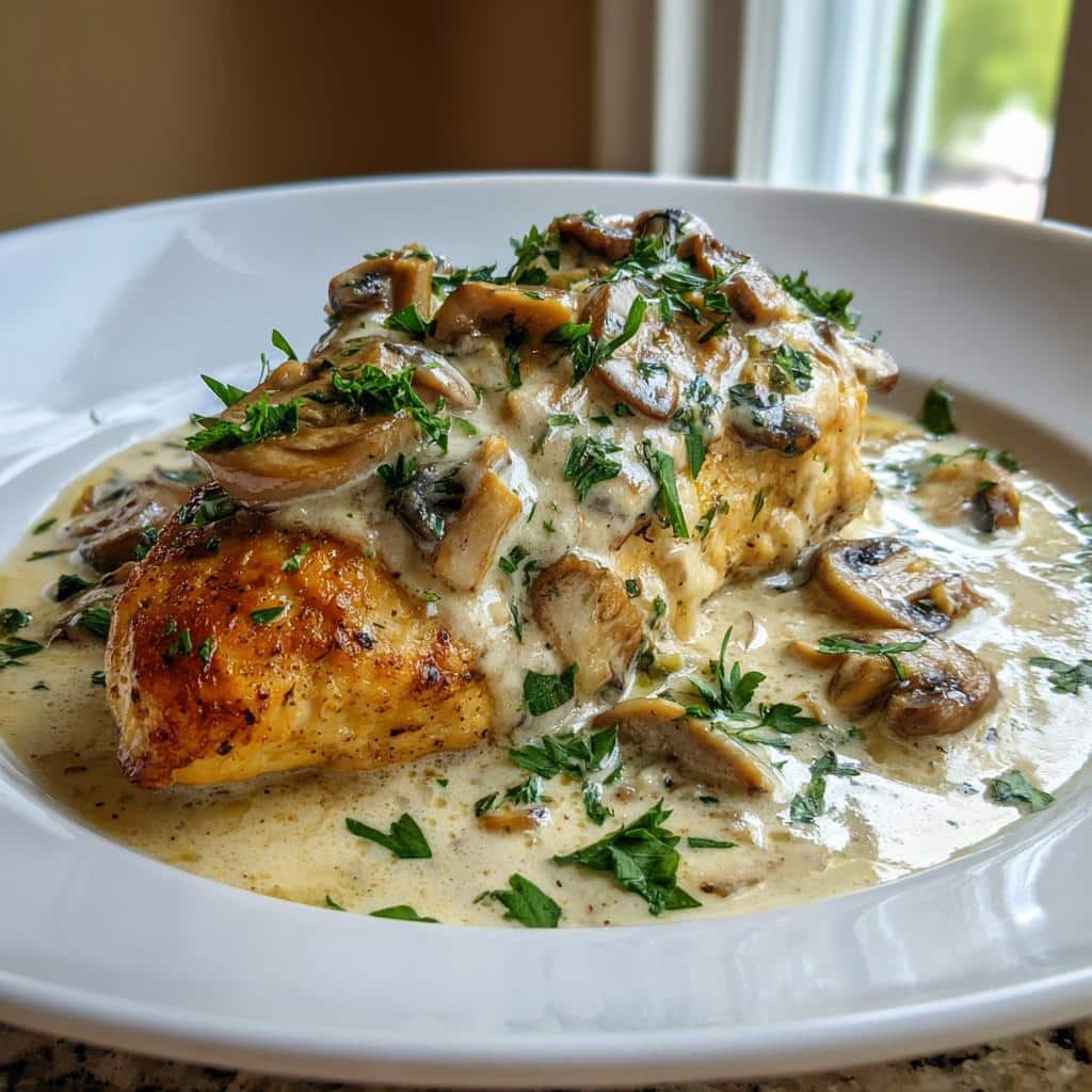savory chicken in a creamy asiago mushroom sauce