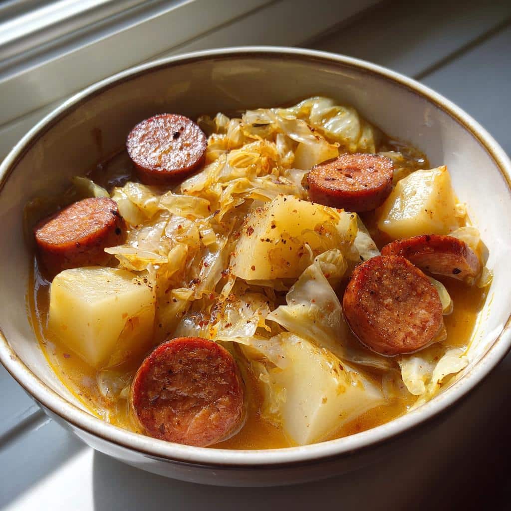 slow cooker kielbasa with cabbage and potatoes - detail 1