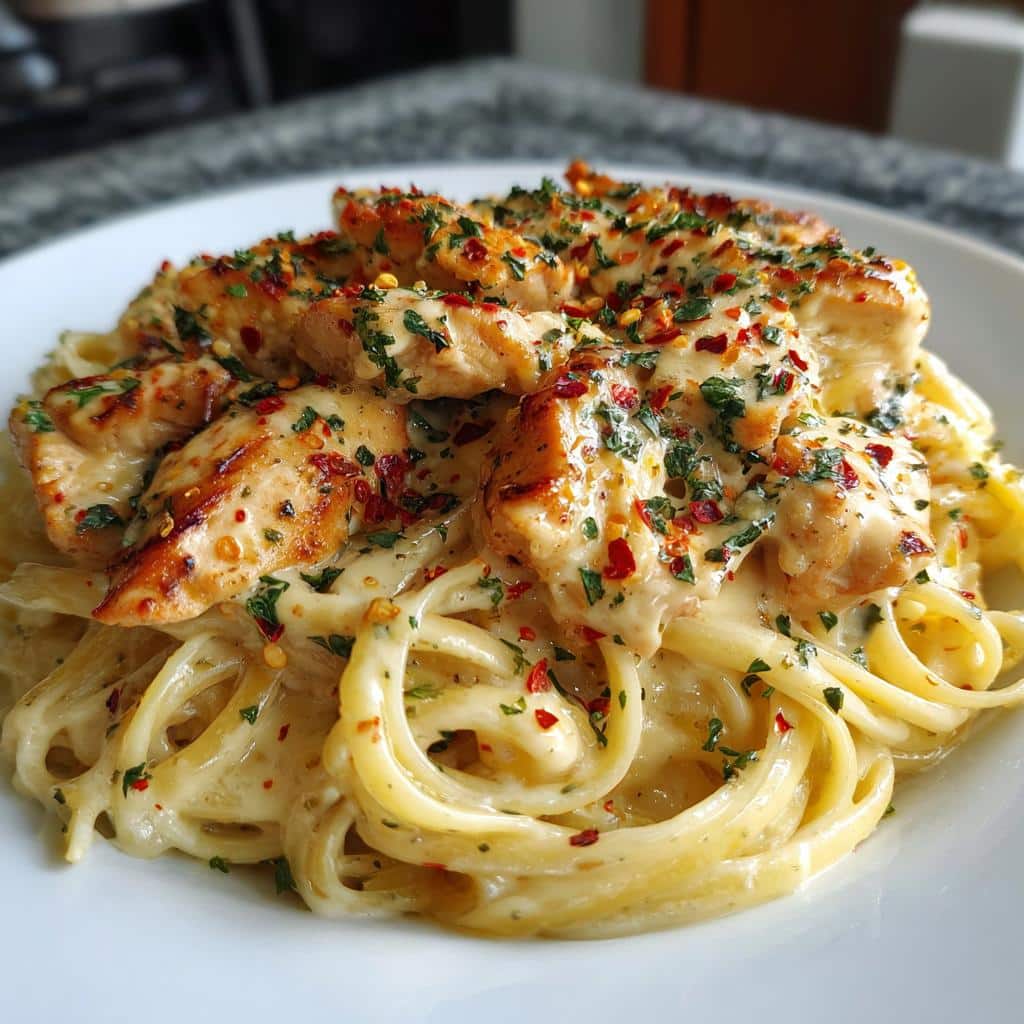 spicy cheesy garlic butter chicken with linguine in four cheese sauce - detail 1