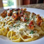 spicy cheesy garlic butter chicken with linguine in four cheese sauce