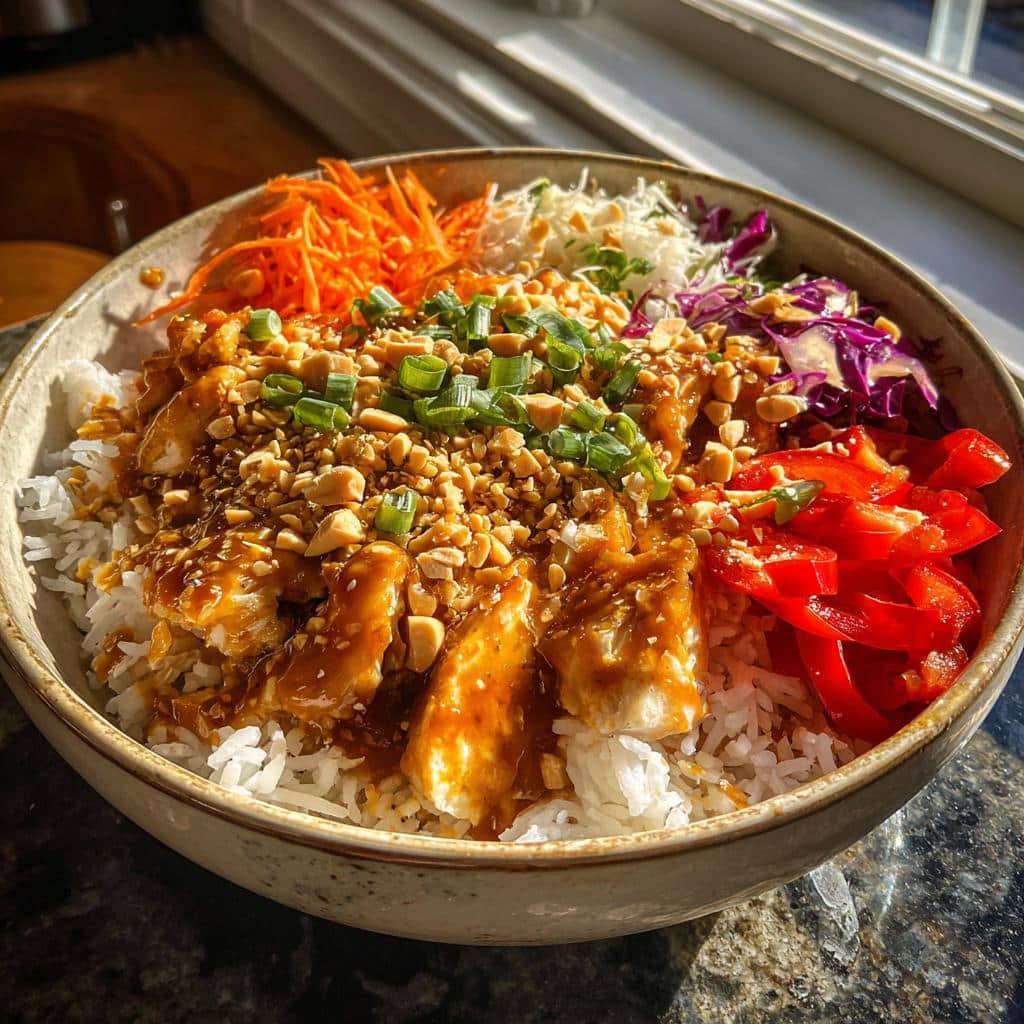 spicy thai peanut chicken bowl