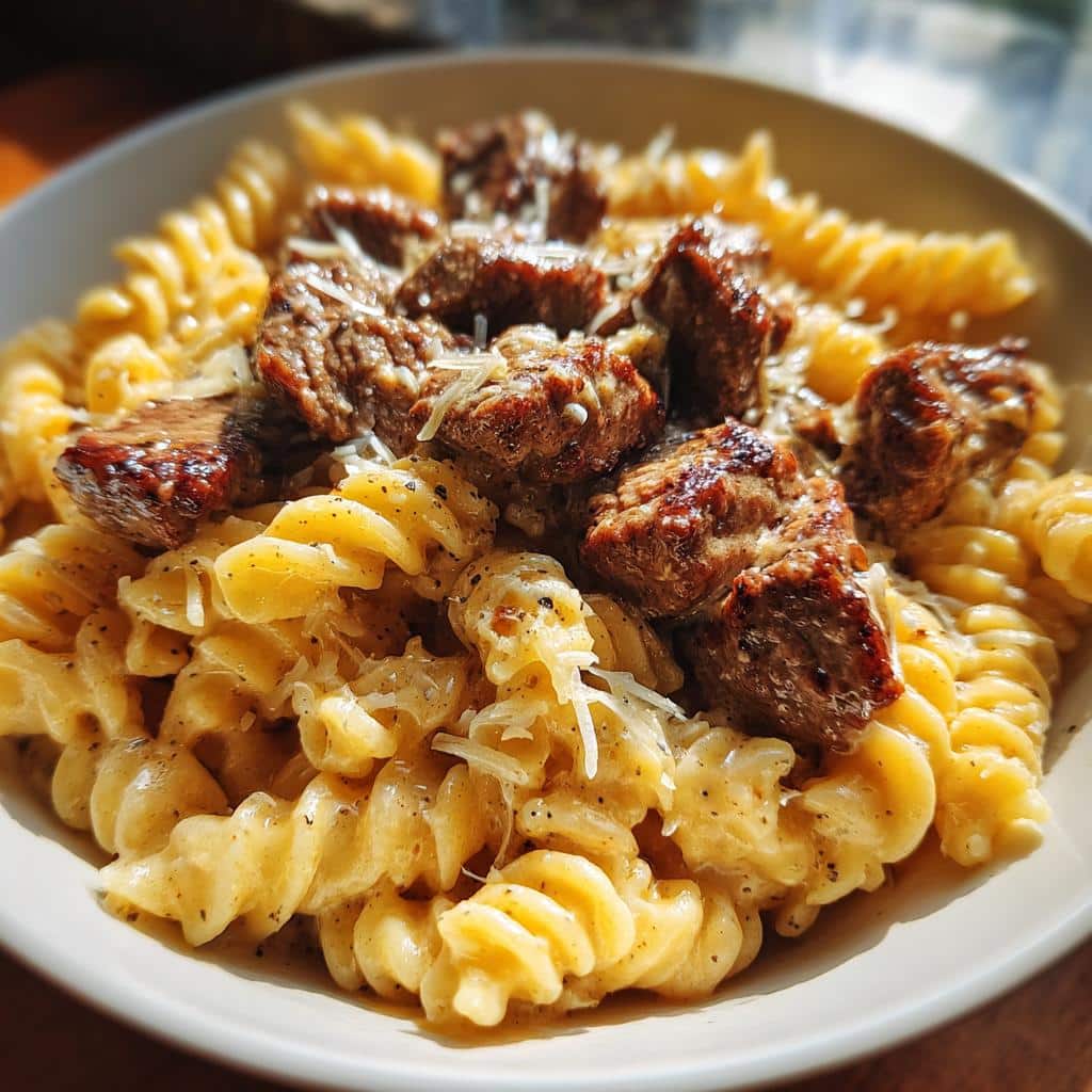 steak bites and cheesy rotini in garlic parmesan sauce - detail 1