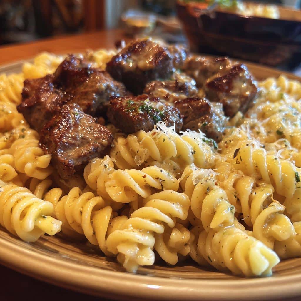 steak bites and cheesy rotini in garlic parmesan sauce