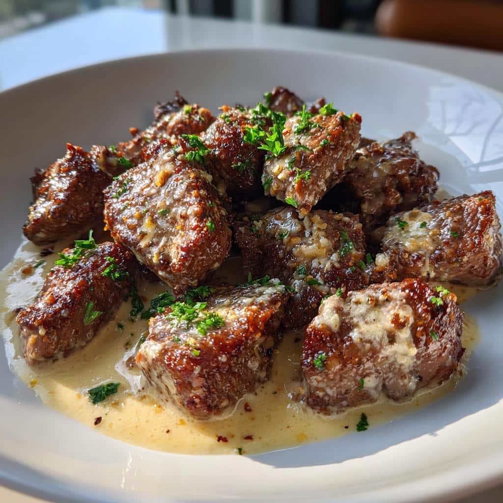 tender steak bites in garlic butter with creamy parmesan sauce - detail 1