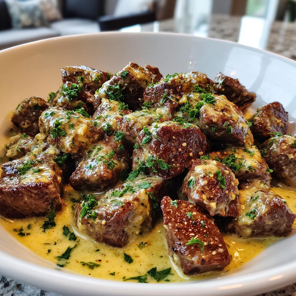 tender steak bites in garlic butter with creamy parmesan sauce