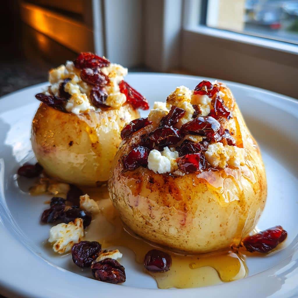 baked pears with feta honey and cranberries - detail 1
