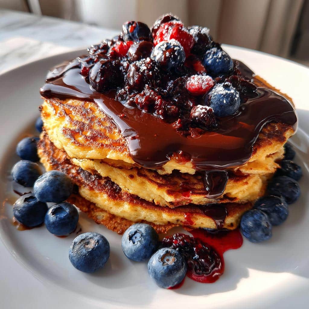 blueberry pancakes with chocolate ganache and berry sauce - detail 1