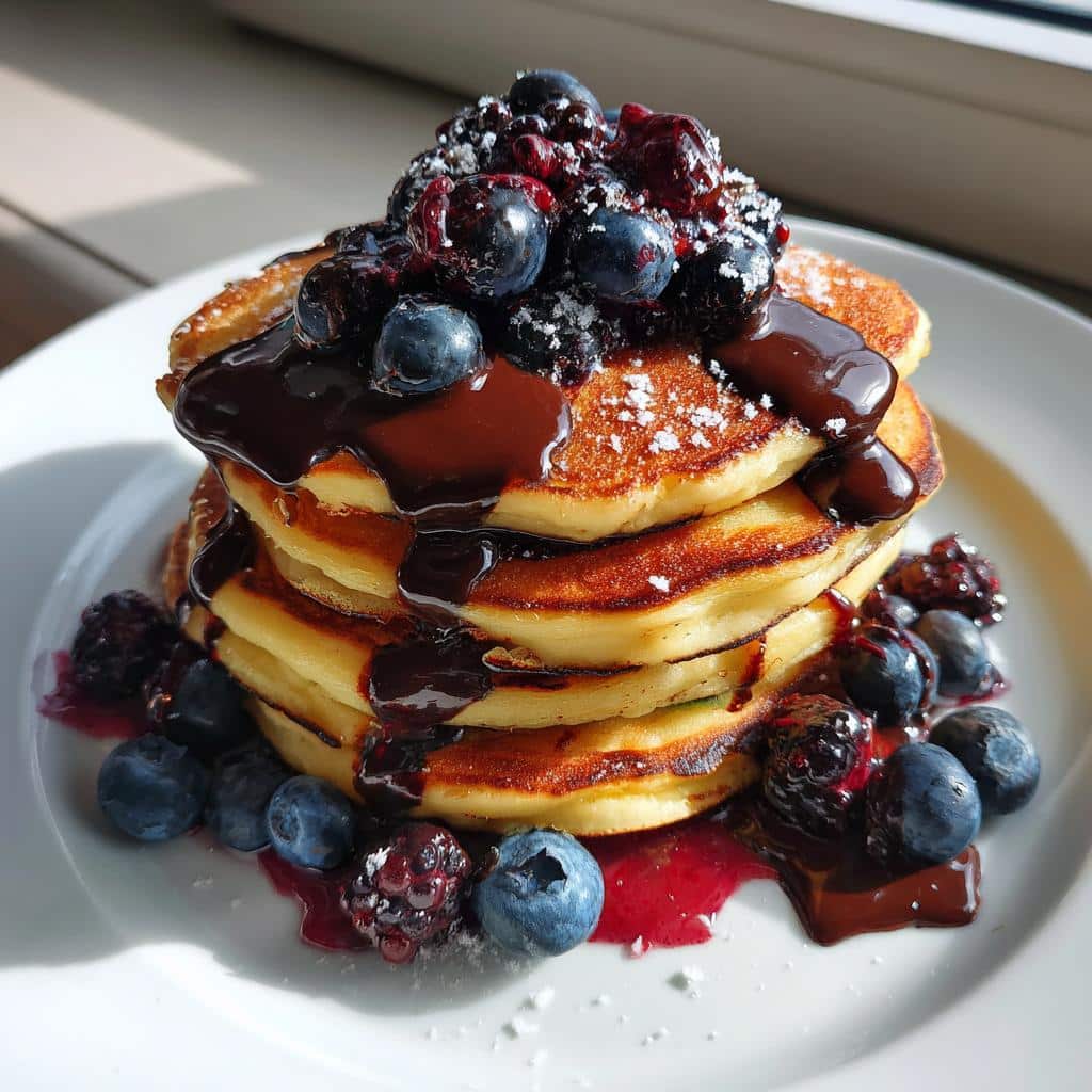 blueberry pancakes with chocolate ganache and berry sauce