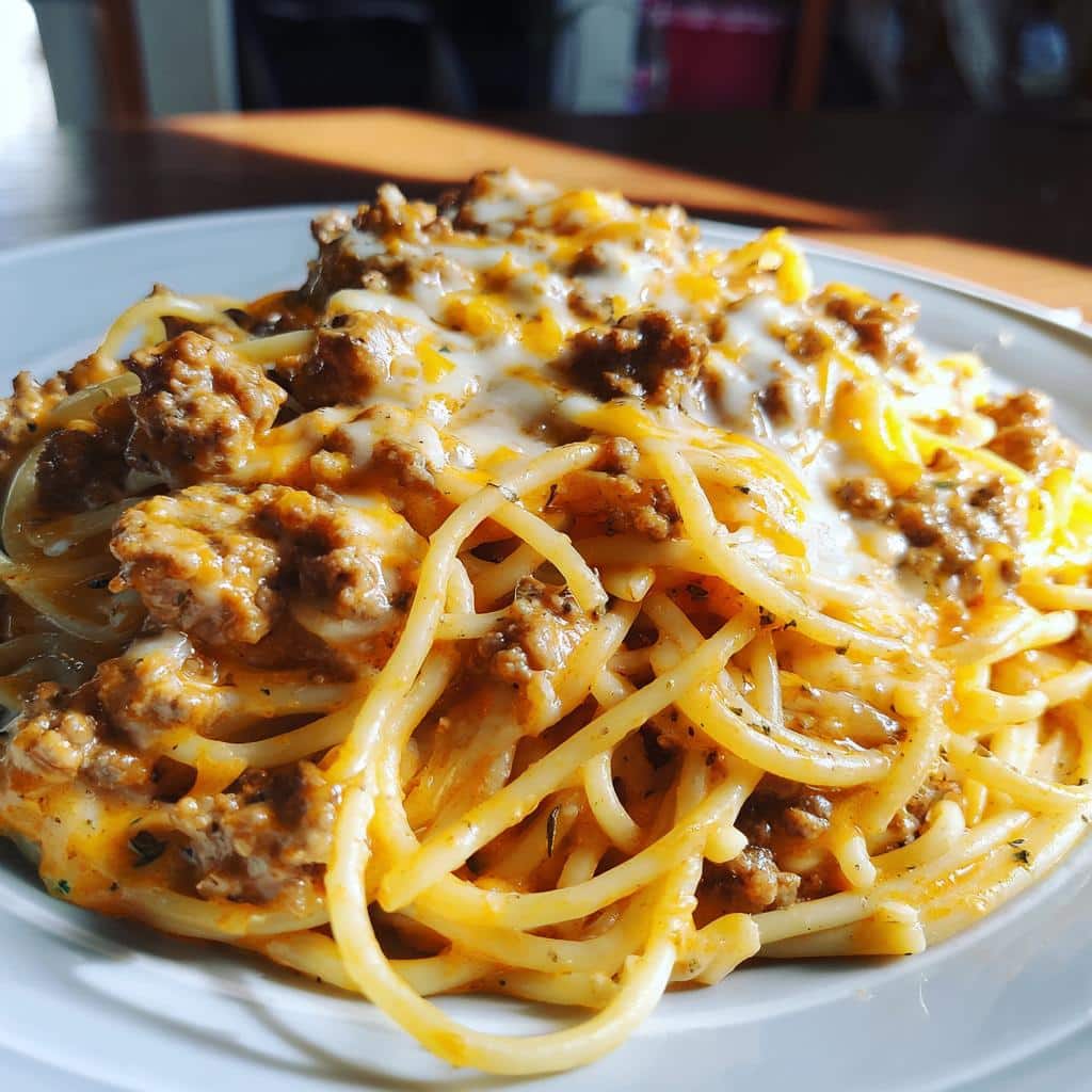 cajun beef spaghetti in creamy three cheese parmesan sauce