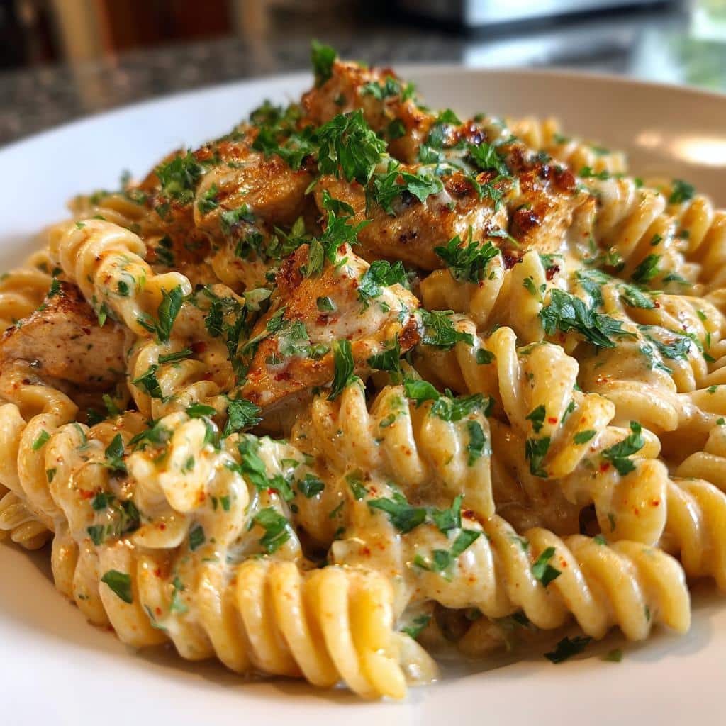 cajun chicken rotini in creamy mozzarella velveeta sauce - detail 1