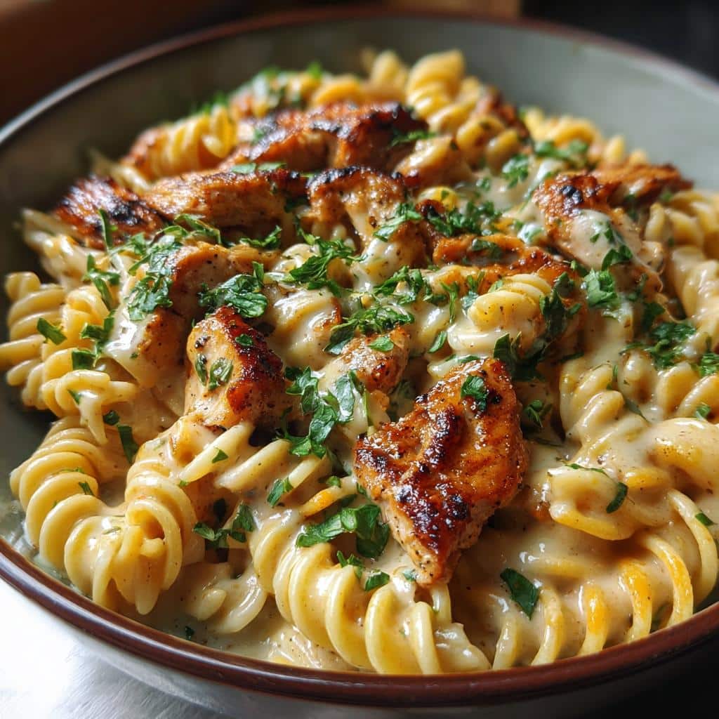 cajun chicken rotini in creamy mozzarella velveeta sauce