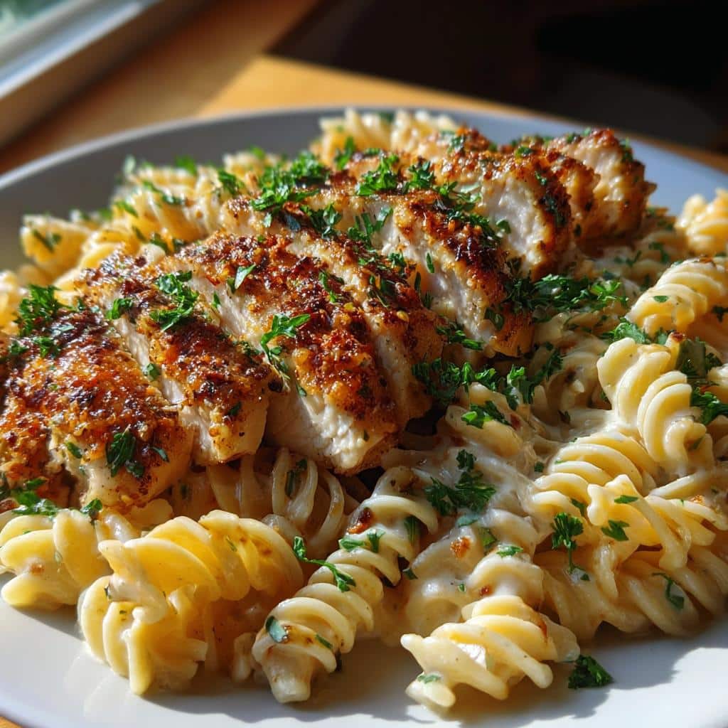 cajun garlic butter chicken with creamy parmesan twisted pasta - detail 1